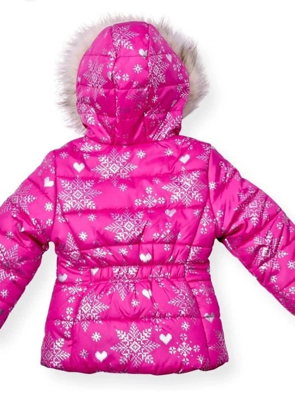 Arctic Quest Pink Snowflake-Print Puffer Jacket with Faux Fur Hood